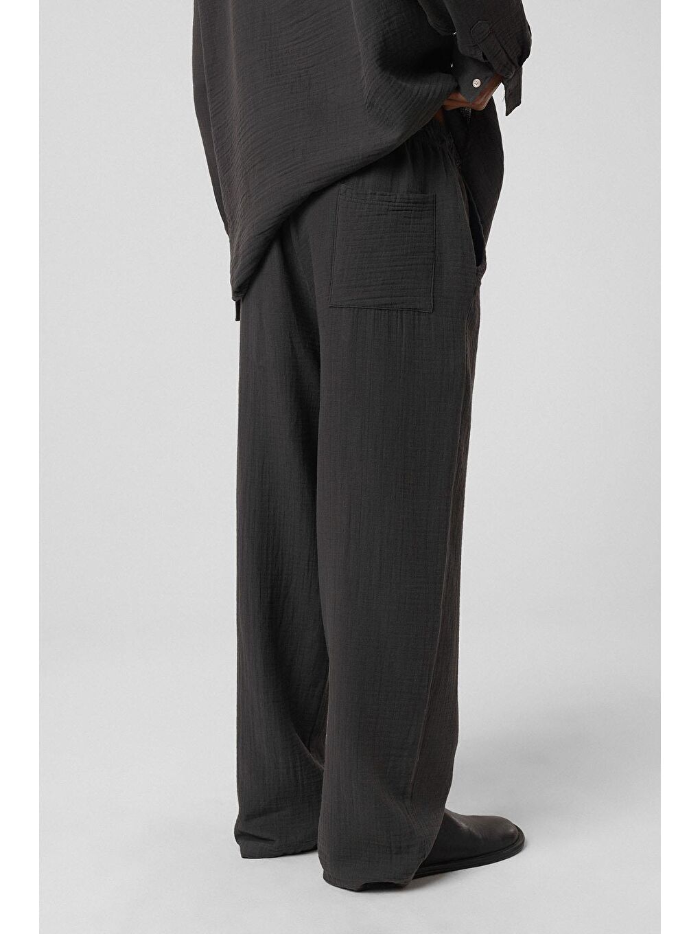 Baggy Fit Müslin Keten Pantolon Antrasit-2