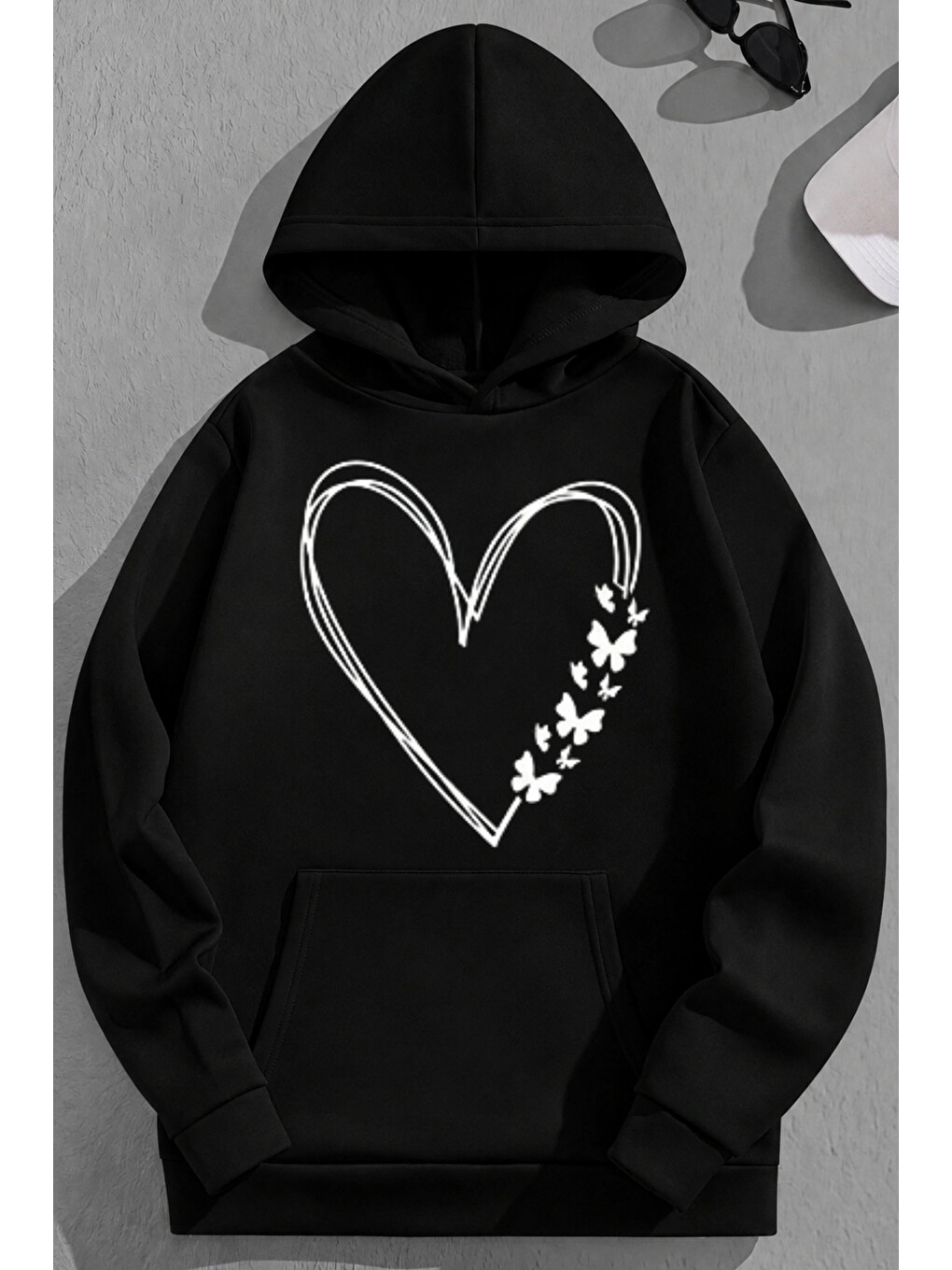 Unisex 3 İplik Pamuklu Siyah Kalplikelebek Baskı Bol Kalıp Sweatshirt Hoodie