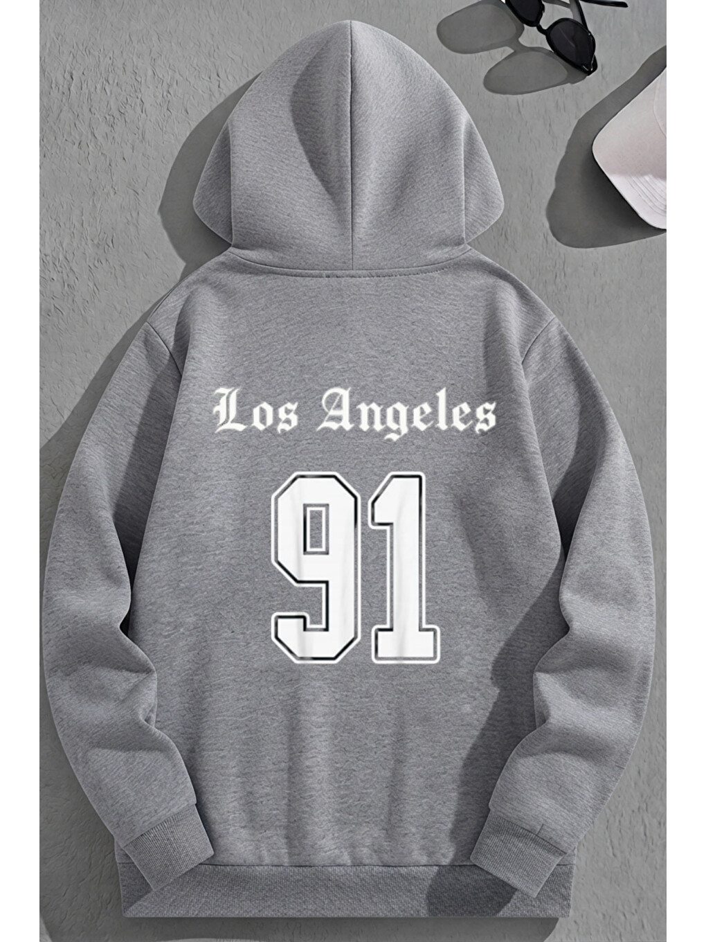 Unisex 3 İplik Pamuklu Gri Losangeles91 Baskı Bol Kalıp Sweatshirt Hoodie