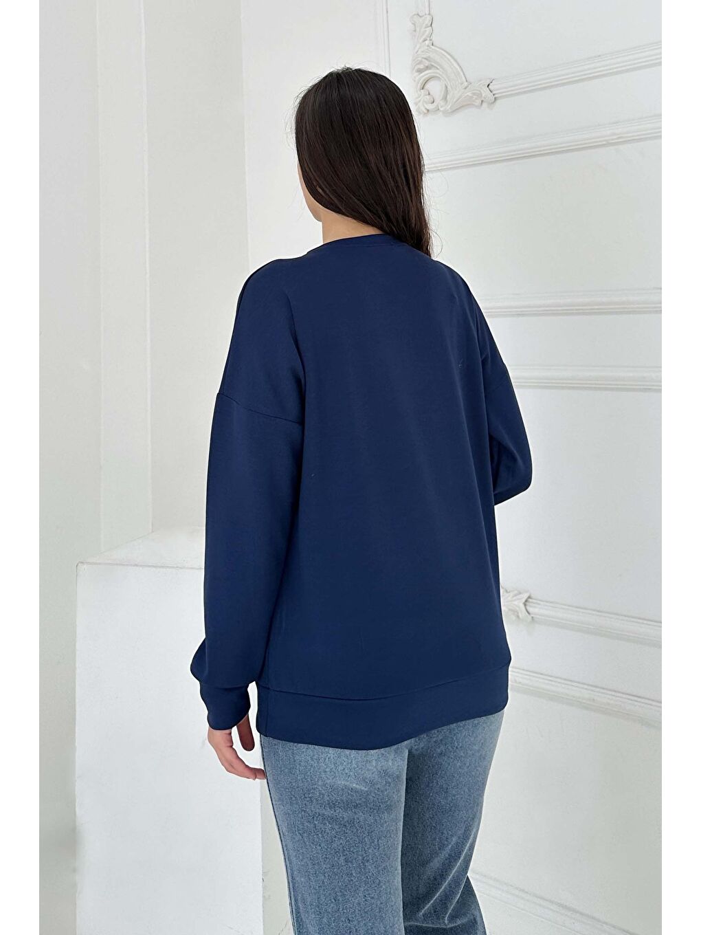 Omuz Çiçek Nakışlı Modal Sweatshirt Lacivert - 27883-LACIVERT-1