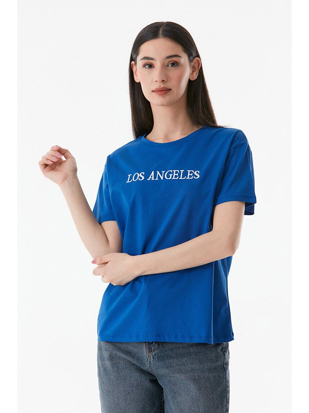 Mavi Los Angeles Nakışlı Bisiklet Yaka Oversize Tişört