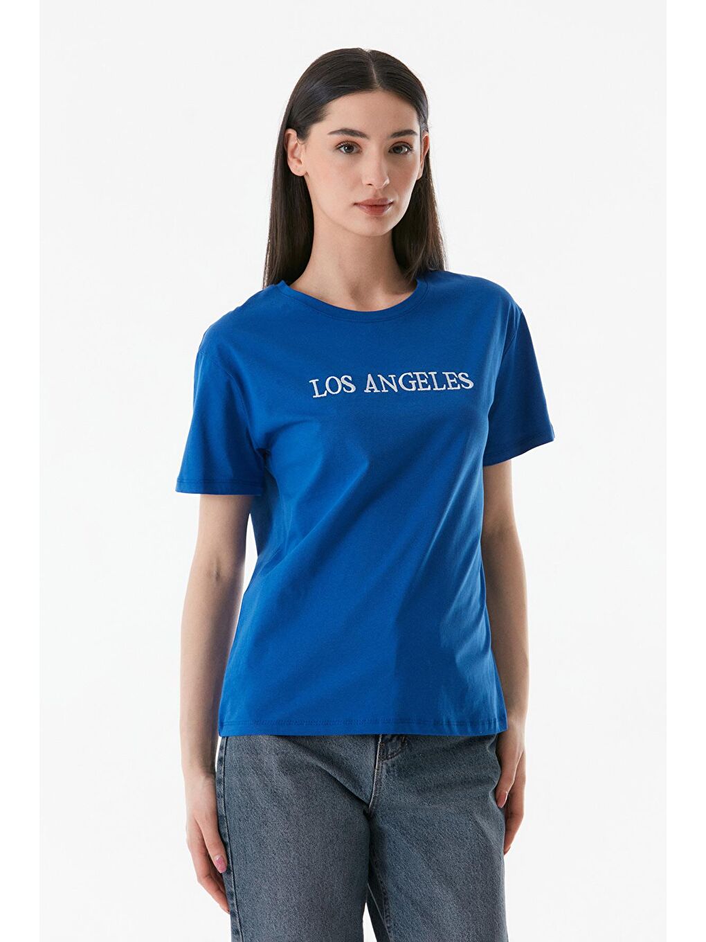 Mavi Los Angeles Nakışlı Bisiklet Yaka Oversize Tişört-1