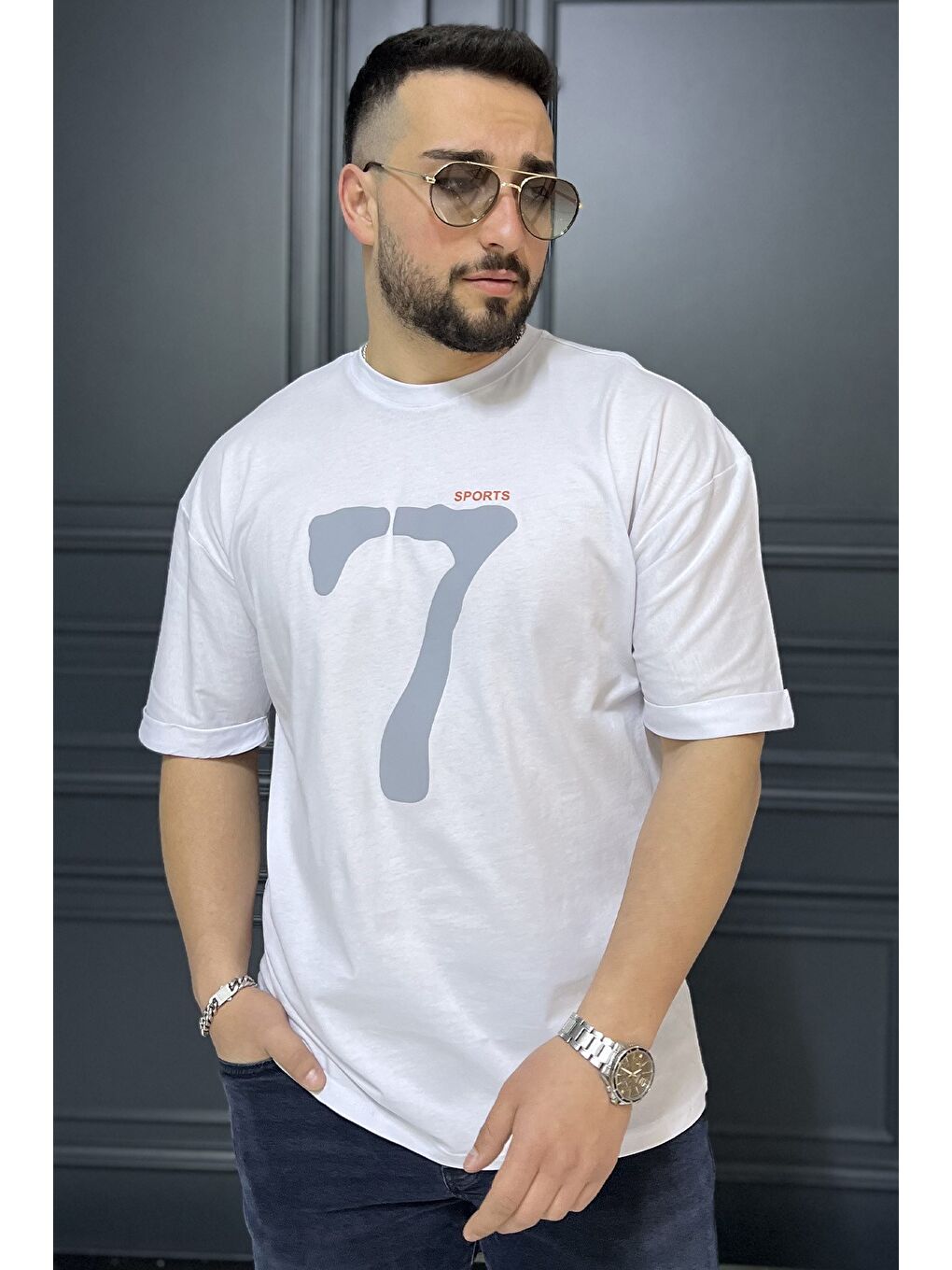Beyaz Kol Katlamalı Baskılı Erkek Tişört