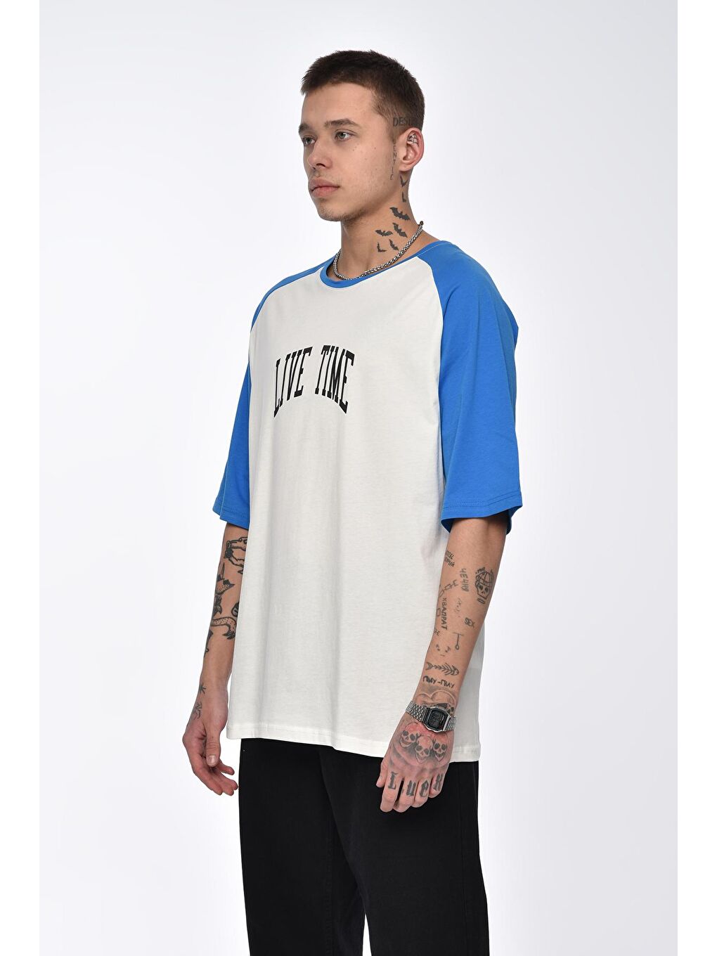 Mavi Saks Live Time Baskılı Oversize Tişört