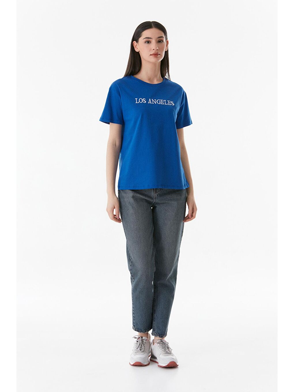 Mavi Los Angeles Nakışlı Bisiklet Yaka Oversize Tişört-2