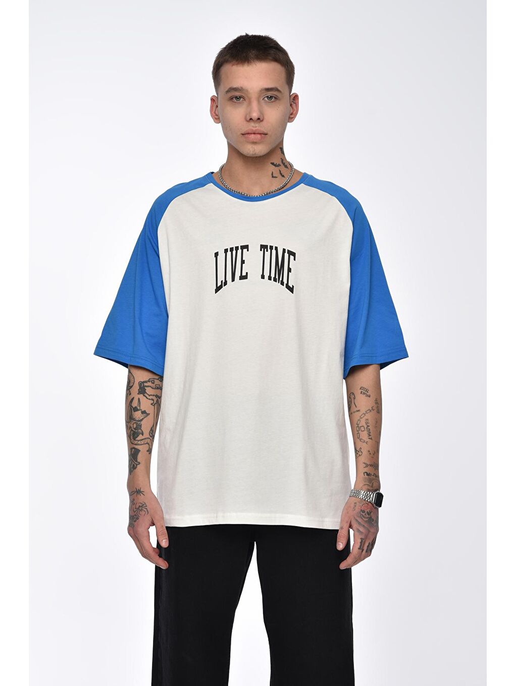 Mavi Saks Live Time Baskılı Oversize Tişört-2
