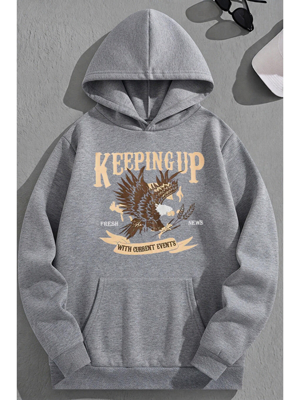 Unisex 3 İplik Pamuklu Gri Keepingup Baskı Bol Kalıp Sweatshirt Hoodie