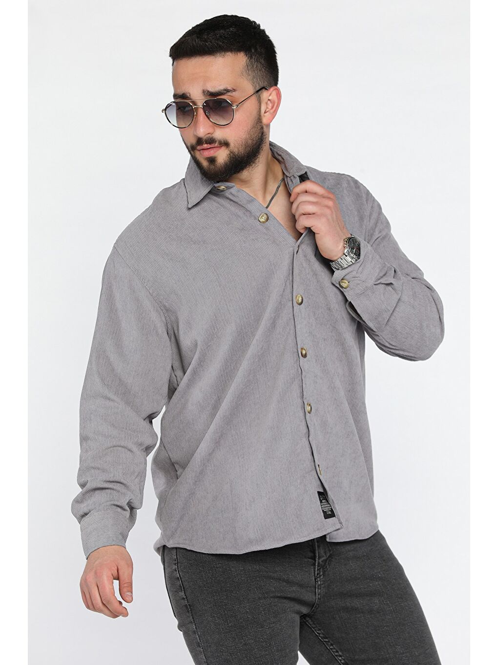 Gri Erkek Uzun Kol Gömlek-1