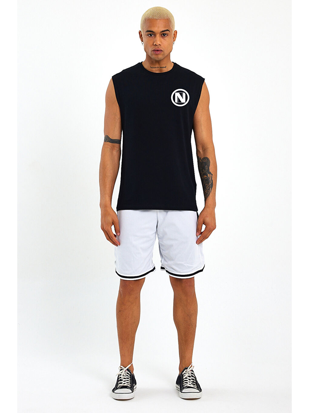 Siyah Erkek Kolsuz Bisiklet Yaka N Baskılı Regular Büyük Beden Tişört SPR25AT942