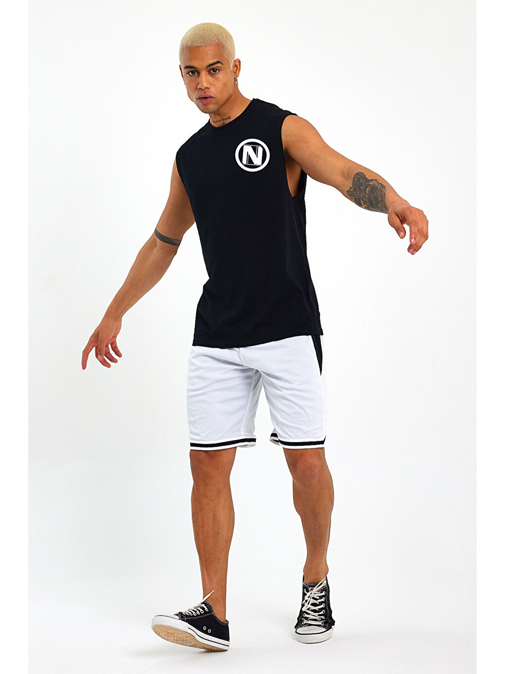 Siyah Erkek Kolsuz Bisiklet Yaka N Baskılı Regular Büyük Beden Tişört SPR25AT942-1