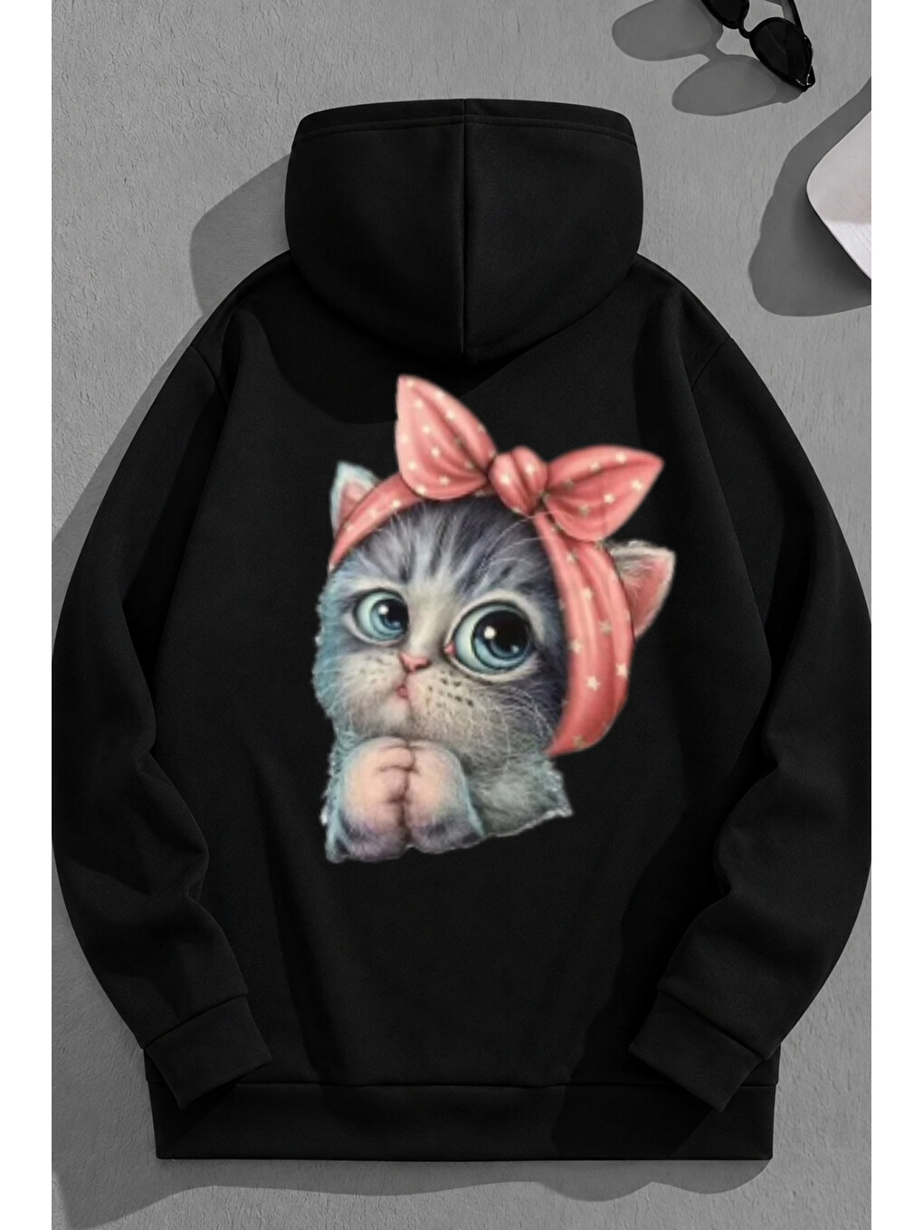 Unisex 3 İplik Pamuklu Siyah Minikkedi Baskı Bol Kalıp Sweatshirt Hoodie