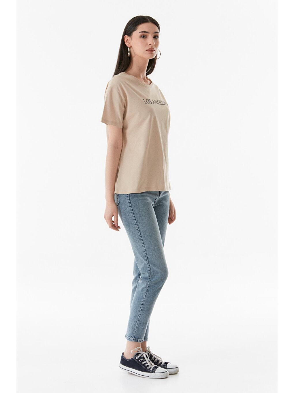 Bej Los Angeles Nakışlı Bisiklet Yaka Oversize Tişört-3