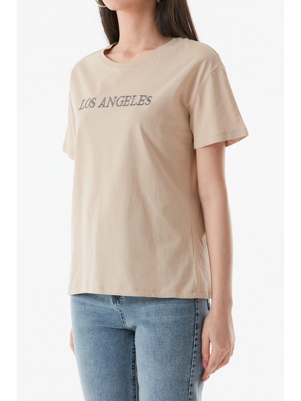 Bej Los Angeles Nakışlı Bisiklet Yaka Oversize Tişört-4