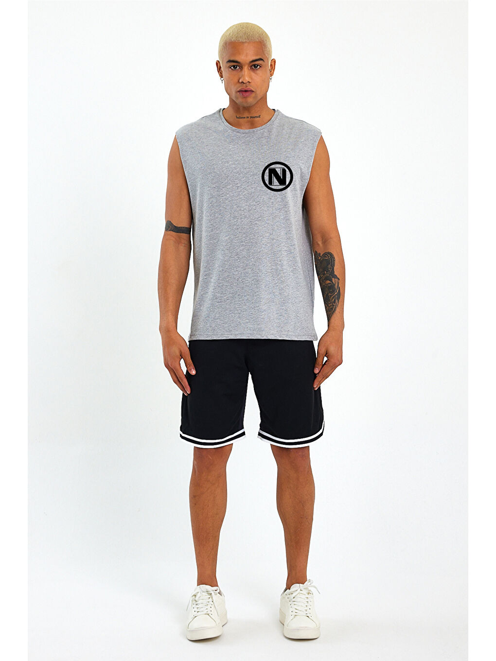 Gri Erkek Kolsuz Bisiklet Yaka N Baskılı Regular Büyük Beden Tişört SPR25AT942-1