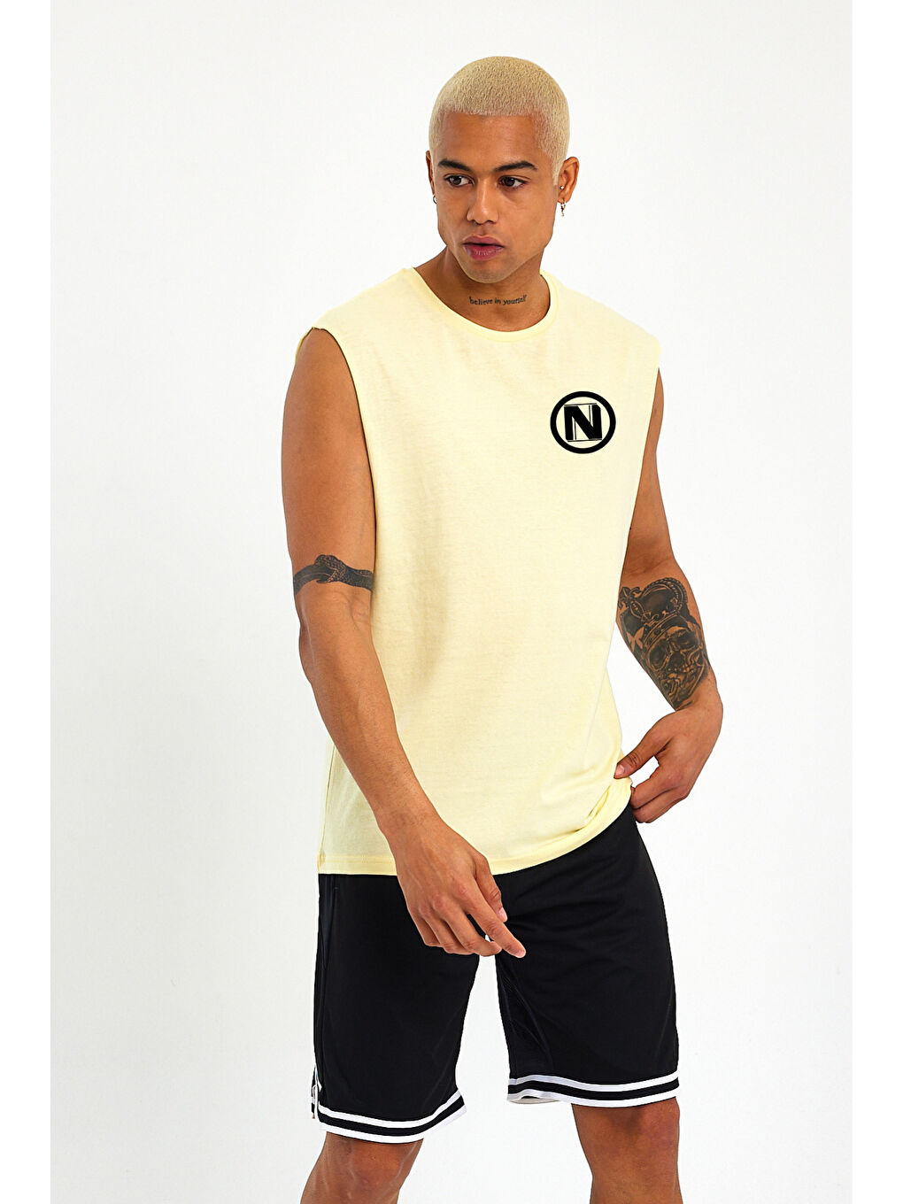 Sarı Erkek Kolsuz Bisiklet Yaka N Baskılı Regular Büyük Beden Tişört SPR25AT942