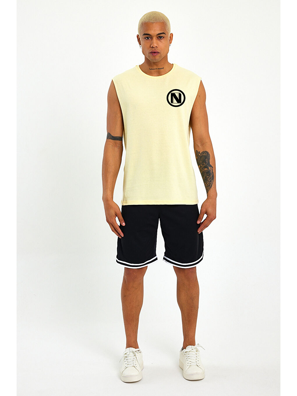 Sarı Erkek Kolsuz Bisiklet Yaka N Baskılı Regular Büyük Beden Tişört SPR25AT942-1