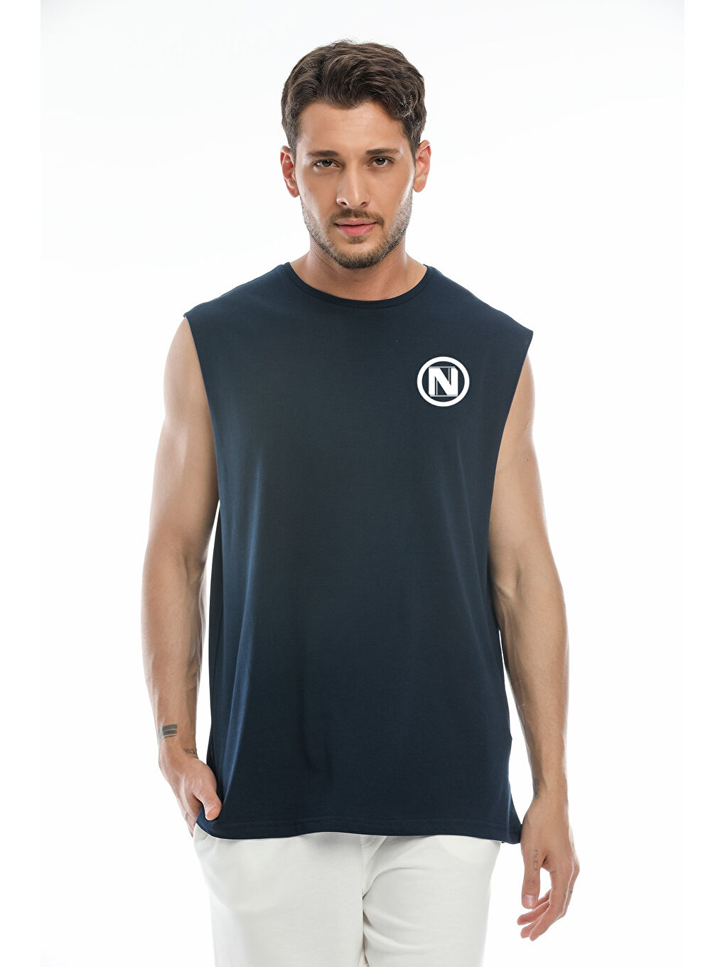 Lacivert Erkek Kolsuz Bisiklet Yaka N Baskılı Regular Büyük Beden Tişört SPR25AT942-1