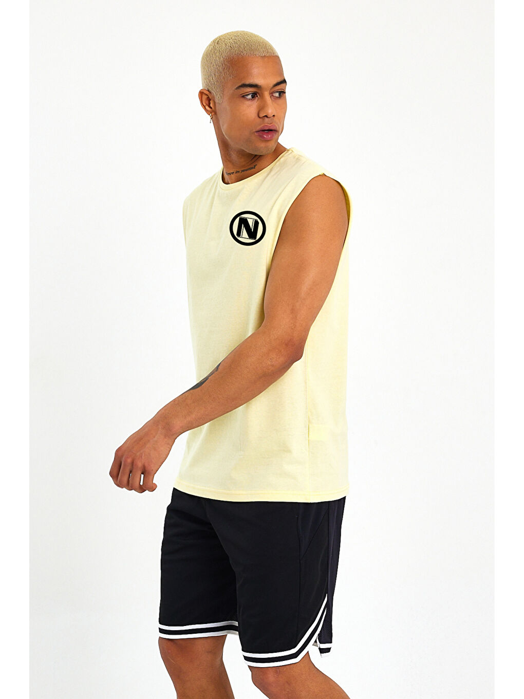 Sarı Erkek Kolsuz Bisiklet Yaka N Baskılı Regular Büyük Beden Tişört SPR25AT942-2