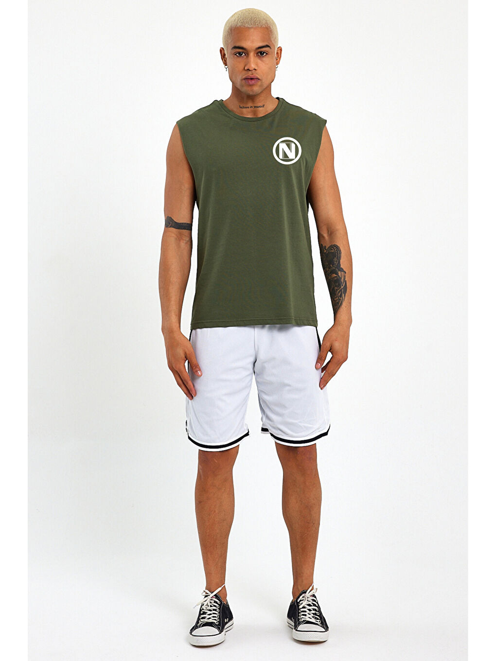 Haki Erkek Kolsuz Bisiklet Yaka N Baskılı Regular Büyük Beden Tişört SPR25AT942