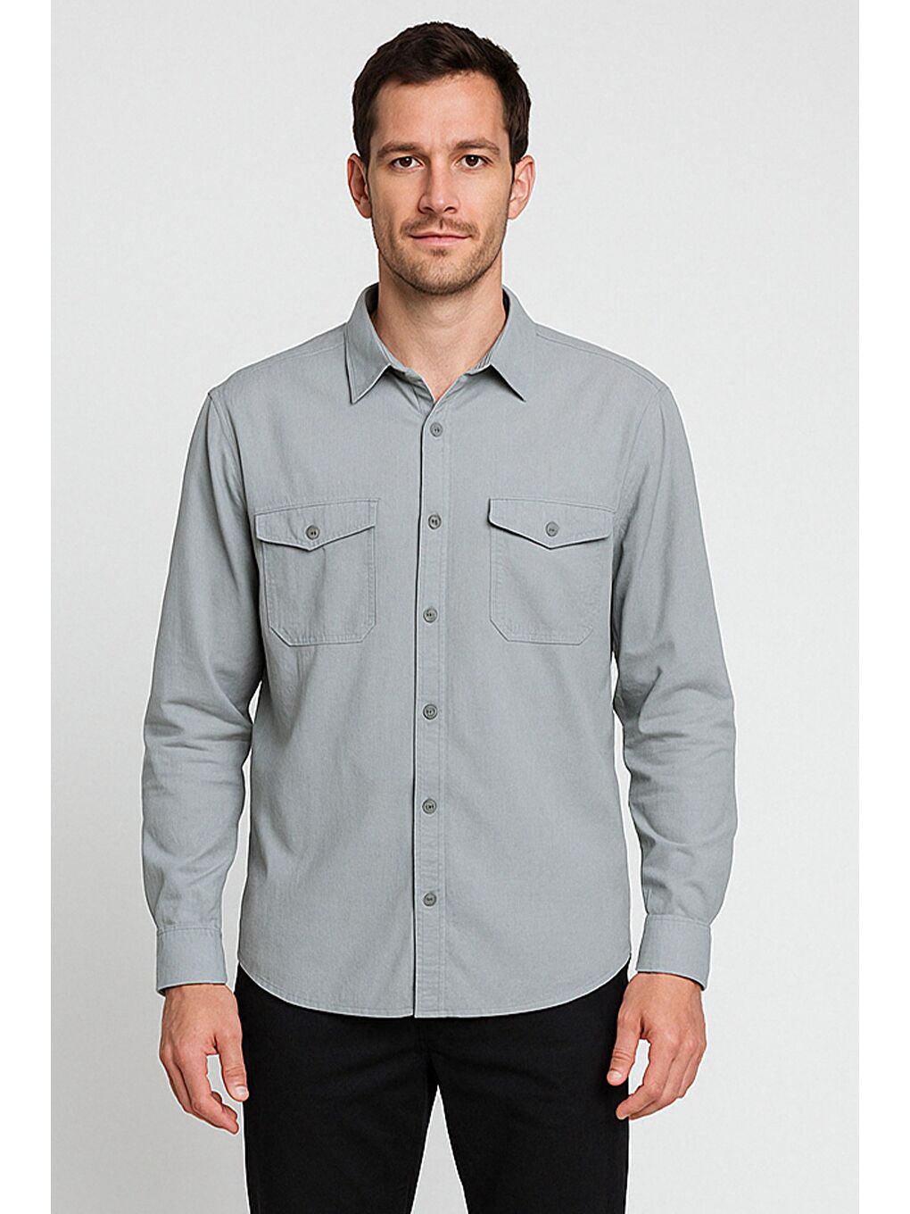 Gri Çift Cepli Erkek Uzun Kol Gömlek
