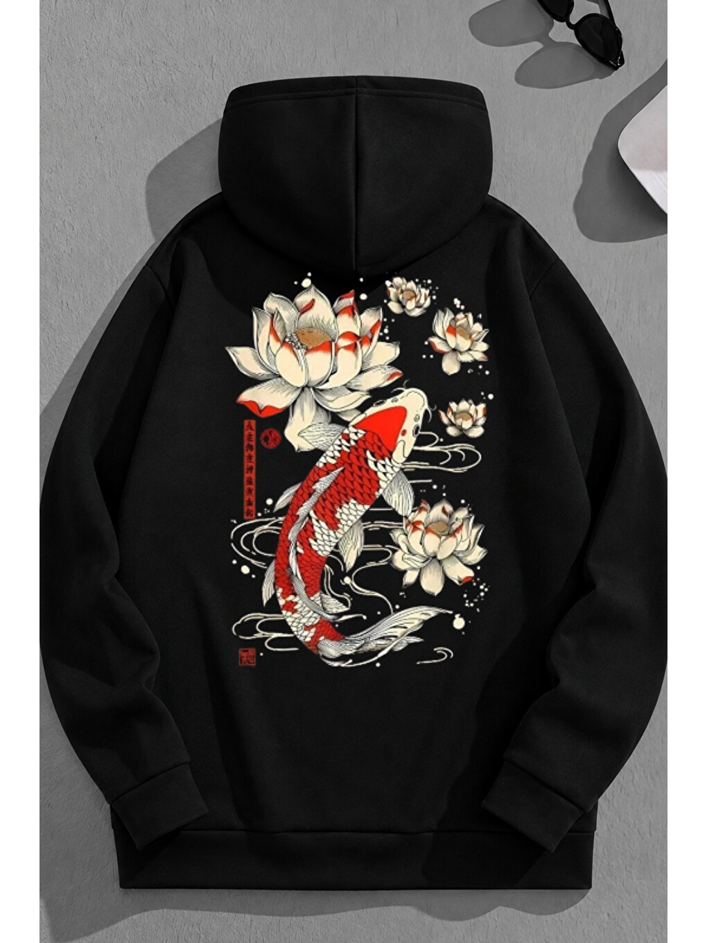 Unisex 3 İplik Pamuklu Siyah Koreafish Baskı Bol Kalıp Sweatshirt Hoodie