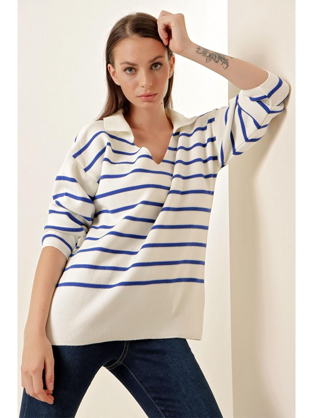 Mavi 15778 Çizgili Oversize Kazak - Saks