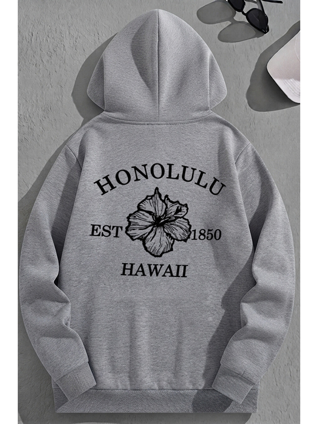 Unisex 3 İplik Pamuklu Gri Honolulu Baskı Bol Kalıp Sweatshirt Hoodie