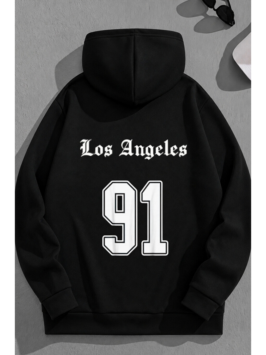Unisex 3 İplik Pamuklu Siyah Losangeles91 Baskı Bol Kalıp Sweatshirt Hoodie