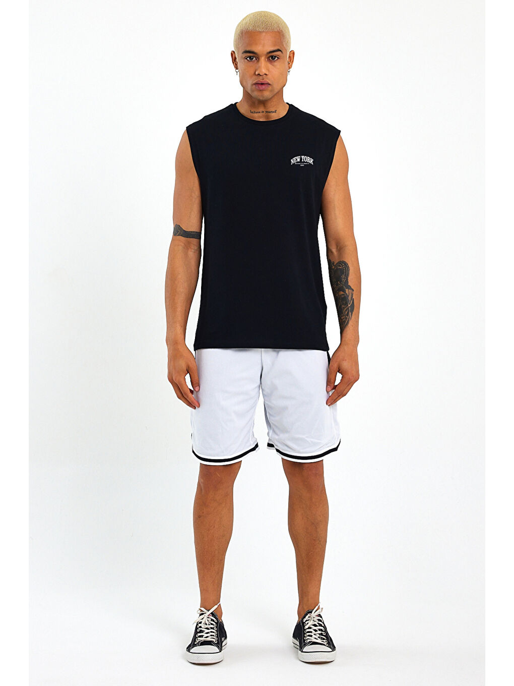 Siyah Erkek Kolsuz Bisiklet Yaka New York Baskılı Regular Büyük Beden Tişört SPR25AT941