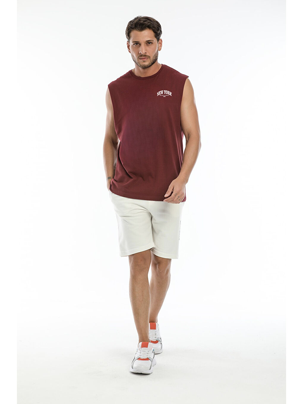 Bordo Erkek Kolsuz Bisiklet Yaka New York Baskılı Regular Büyük Beden Tişört SPR25AT941
