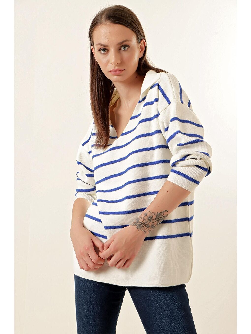 Mavi 15778 Çizgili Oversize Kazak - Saks-1