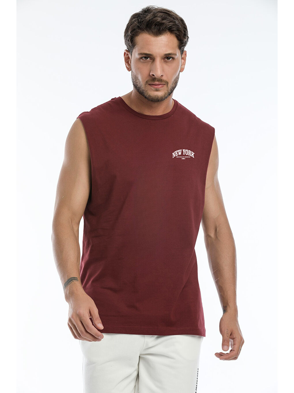 Bordo Erkek Kolsuz Bisiklet Yaka New York Baskılı Regular Büyük Beden Tişört SPR25AT941-1