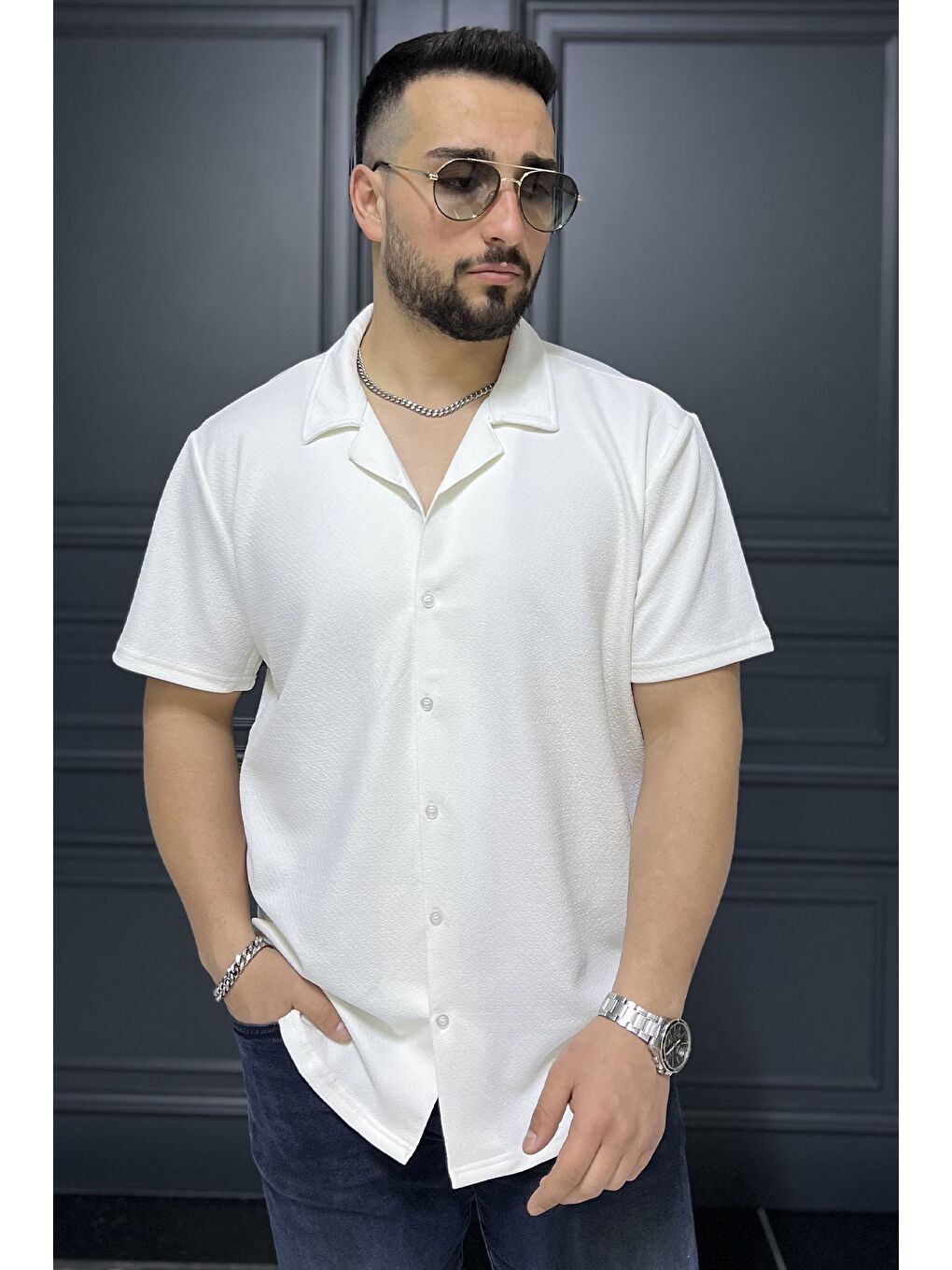 Ekru Apaş Yaka Erkek Kısa Kol Gömlek