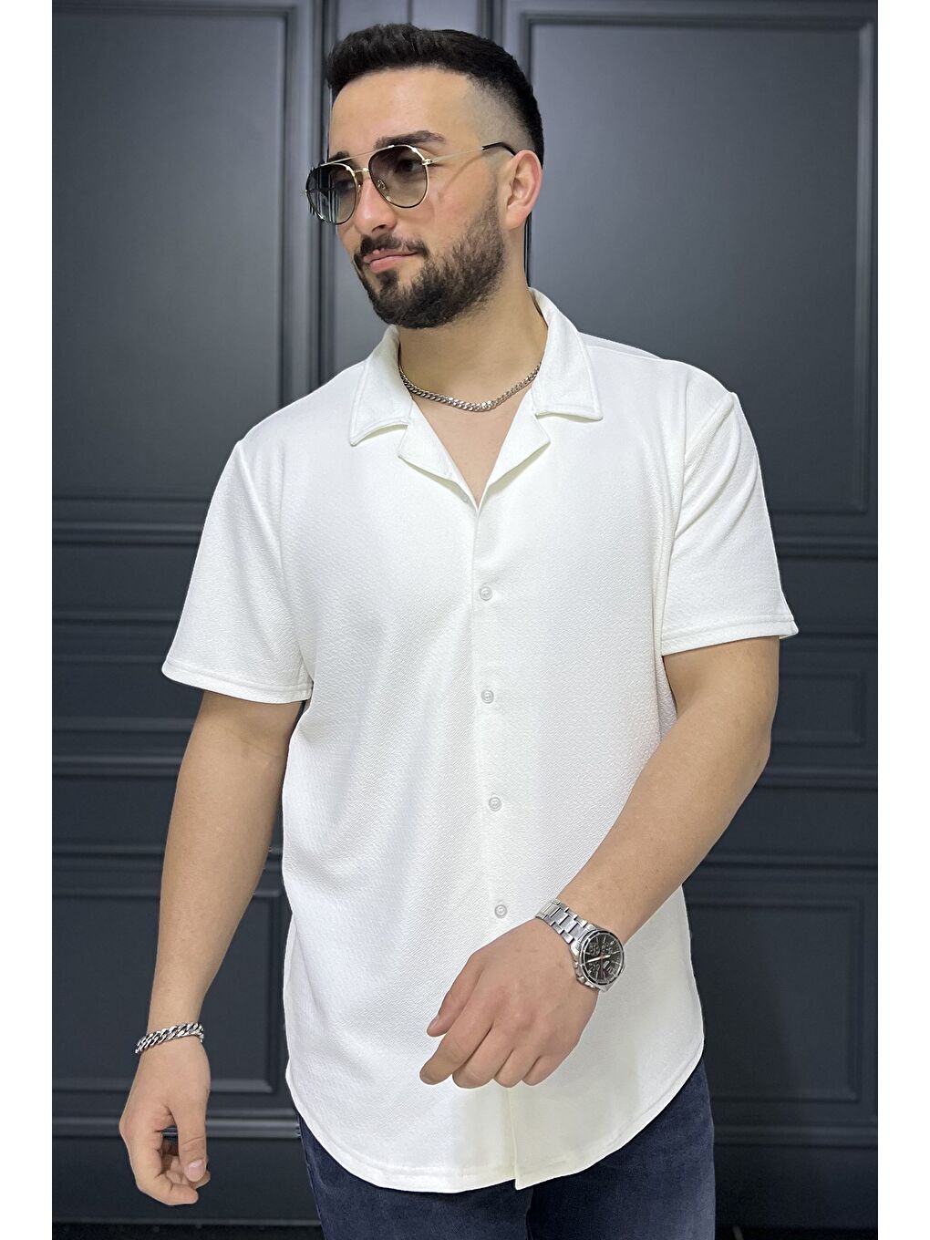 Ekru Apaş Yaka Erkek Kısa Kol Gömlek-1