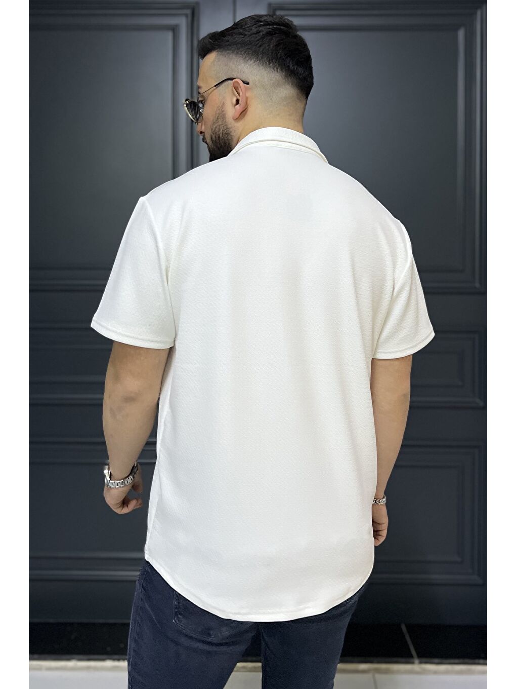 Ekru Apaş Yaka Erkek Kısa Kol Gömlek-2