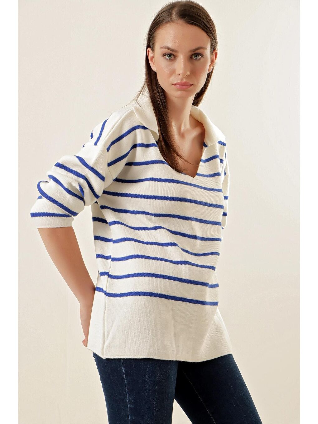 Mavi 15778 Çizgili Oversize Kazak - Saks-2