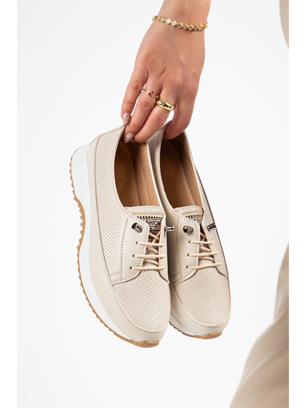 Bej D0609 Günlük Ortopedik Kadın Sneaker Spor Ayakkabı-2