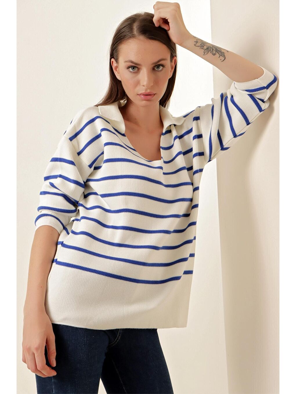 Mavi 15778 Çizgili Oversize Kazak - Saks-4