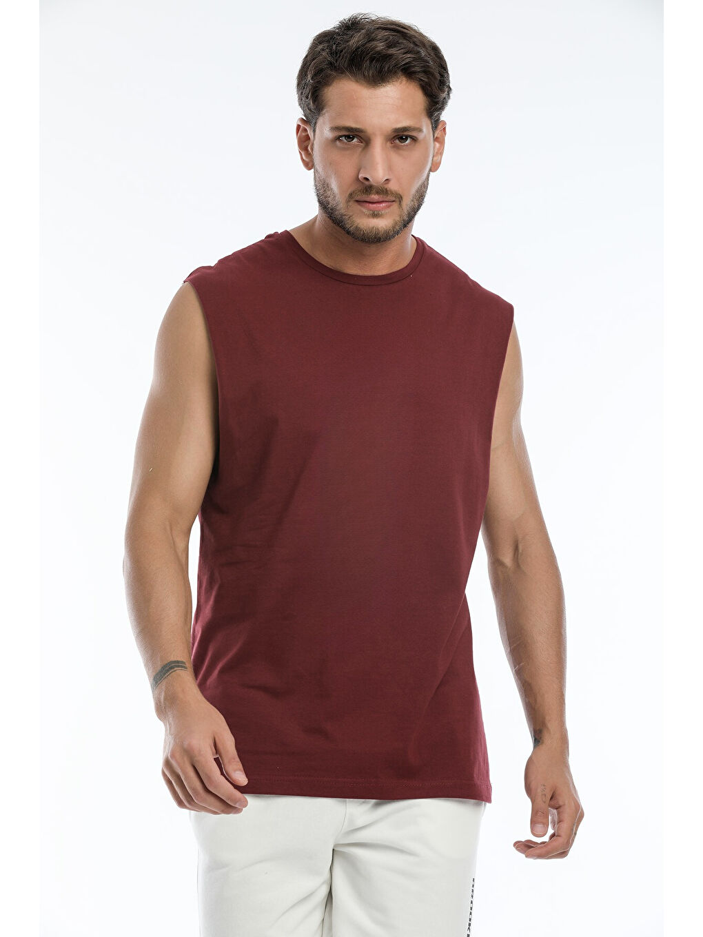 Bordo Erkek Kolsuz Bisiklet Yaka Düz Regular Büyük Beden Tişört SPR25AT940