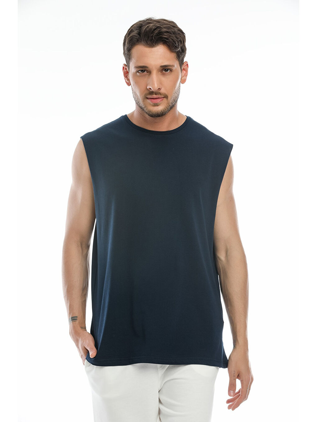 Lacivert Erkek Kolsuz Bisiklet Yaka Düz Regular Büyük Beden Tişört SPR25AT940