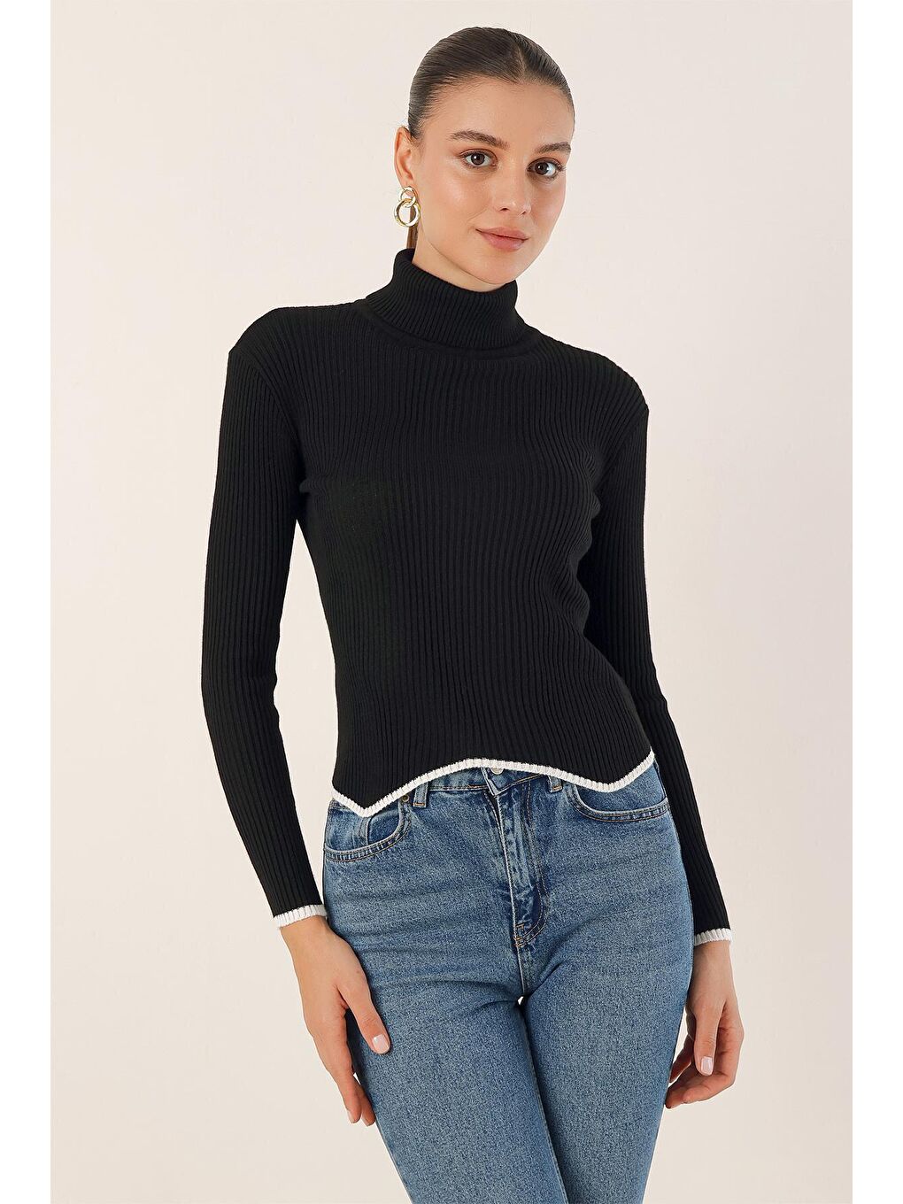 15823 Balıkçı Yaka Triko Kazak - Siyah