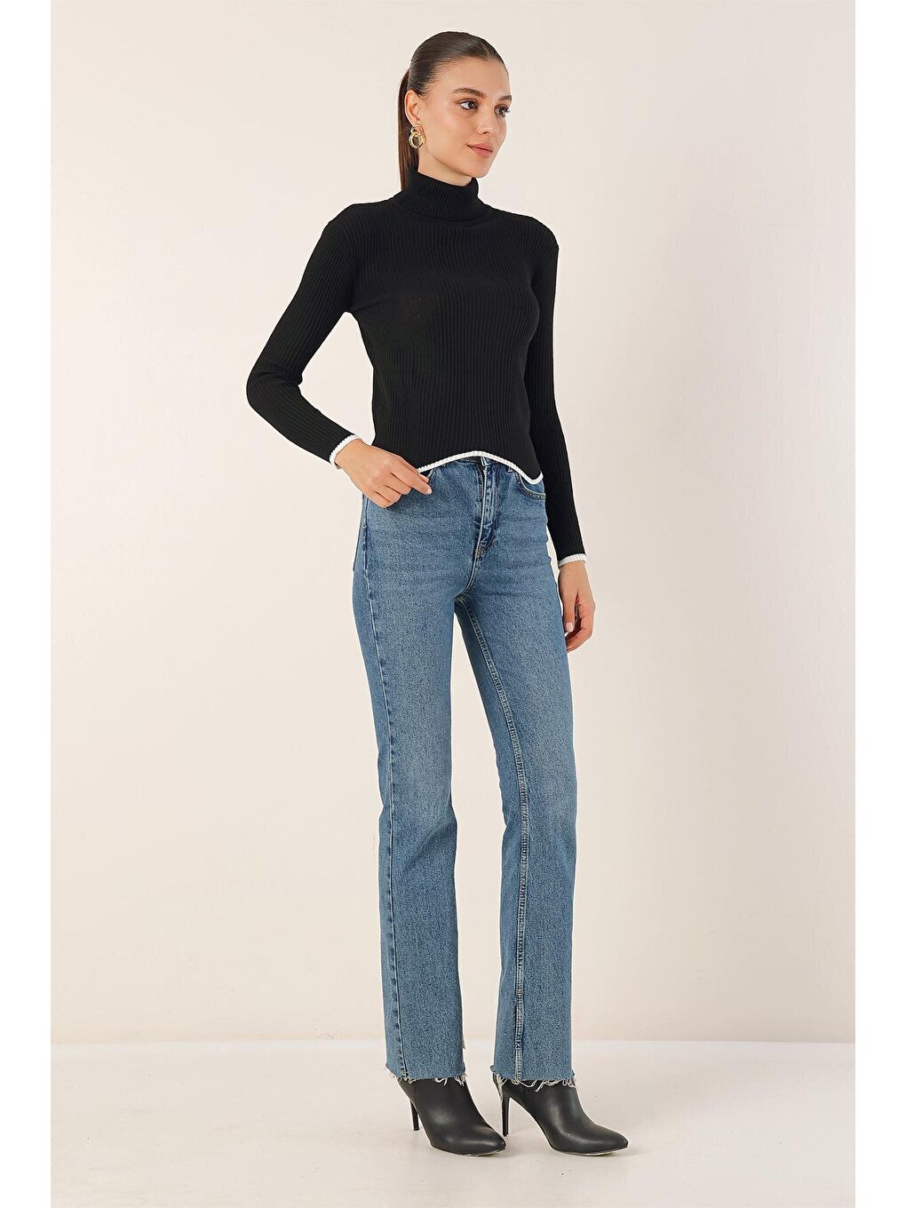 15823 Balıkçı Yaka Triko Kazak - Siyah-1