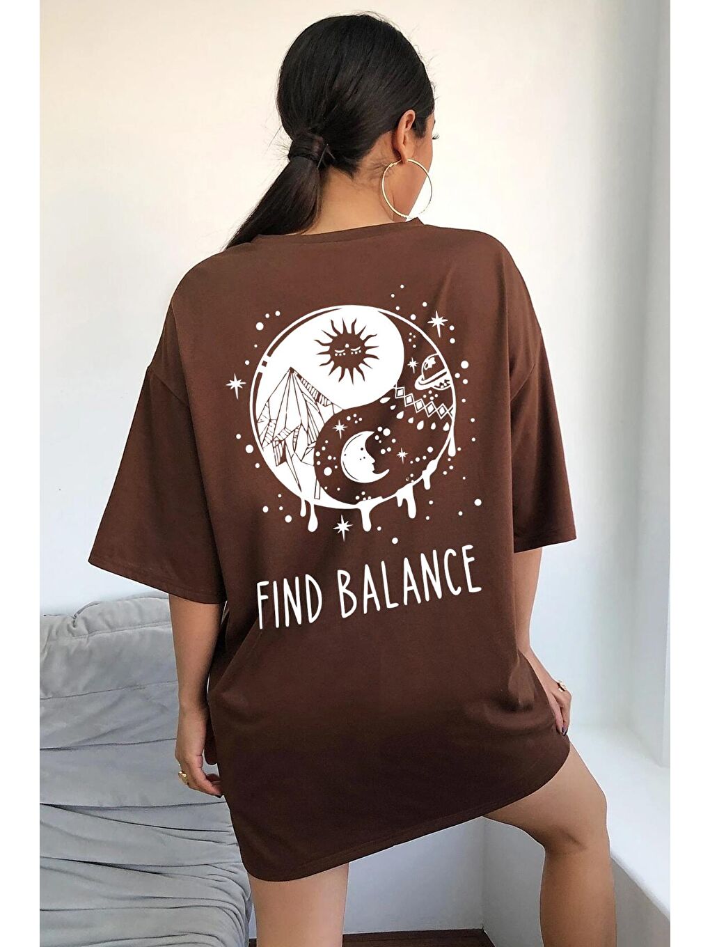 Kahverengi Unisex Yin & Yang Baskılı T-shirt-1