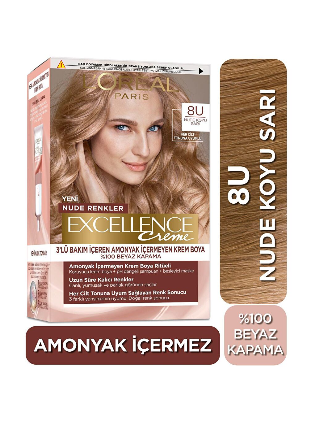 L'Oreal Paris Sarı Excellence Creme Nude Renkler Saç Boyası – 8U Nude Koyu Sarı