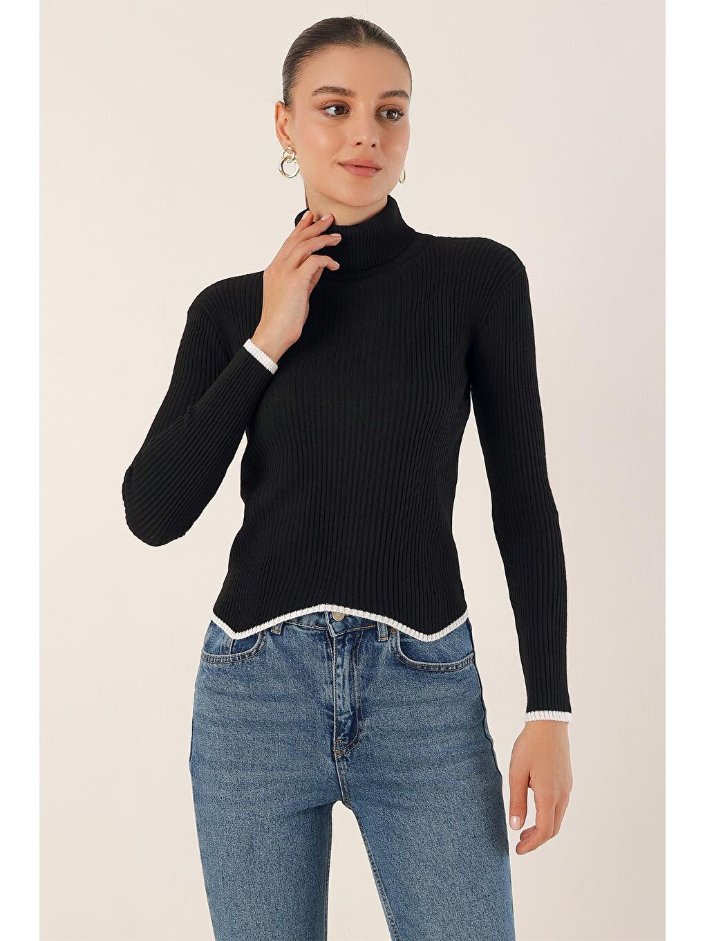 15823 Balıkçı Yaka Triko Kazak - Siyah-2