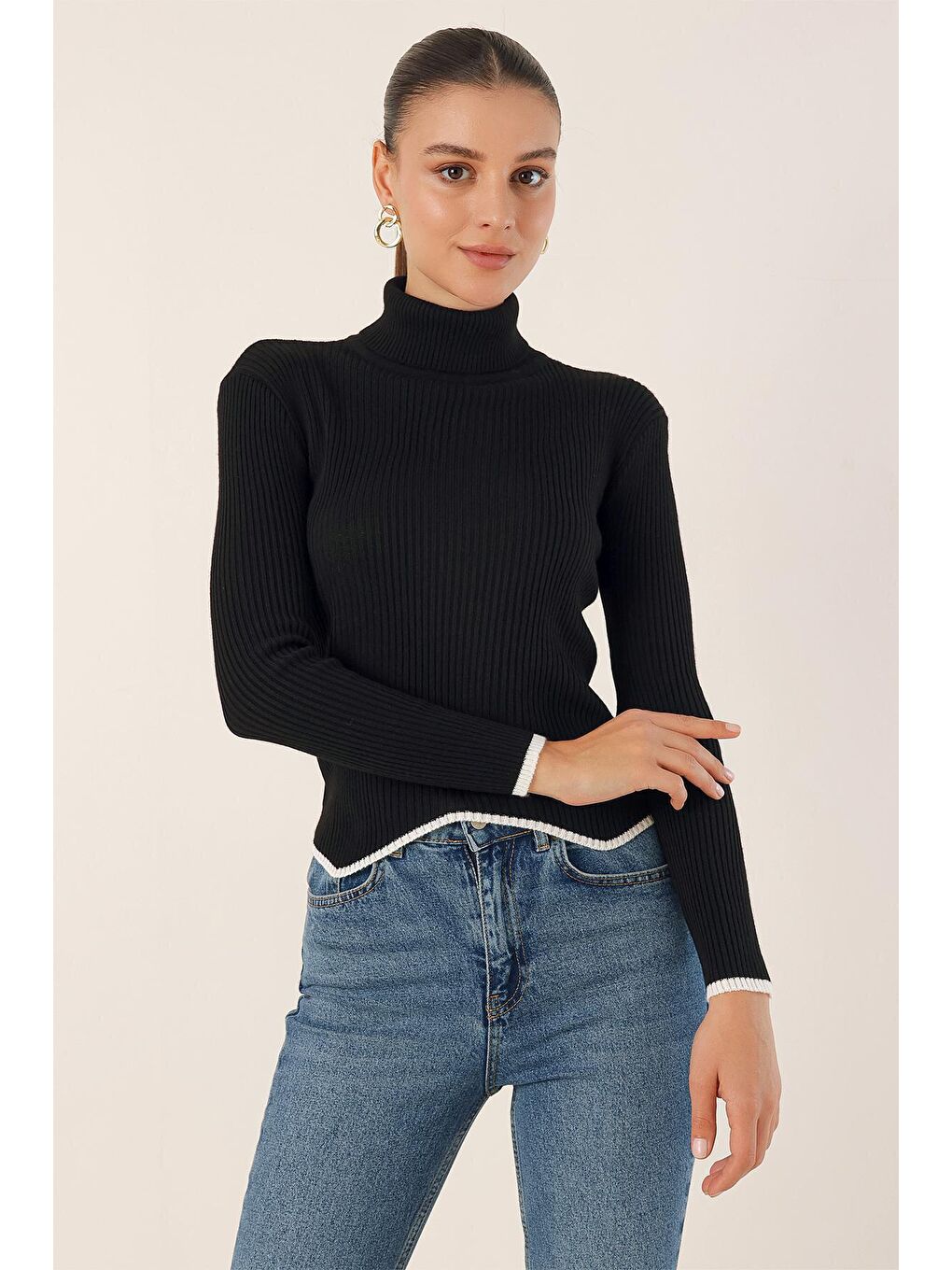 15823 Balıkçı Yaka Triko Kazak - Siyah-3