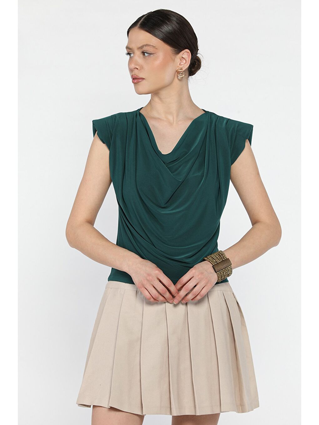 Yeşil Omuz Vatkalı Drapeli Kadın Bluz-1