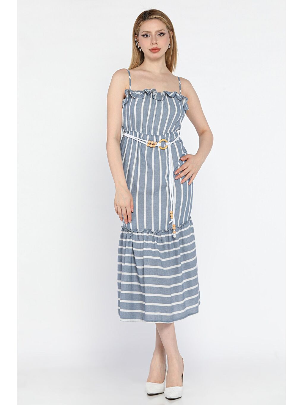 Mavi Kadın Ayarlanabilir Askılı Fırfırlı Hasır Kemerli Çizgi Desenli Elbise