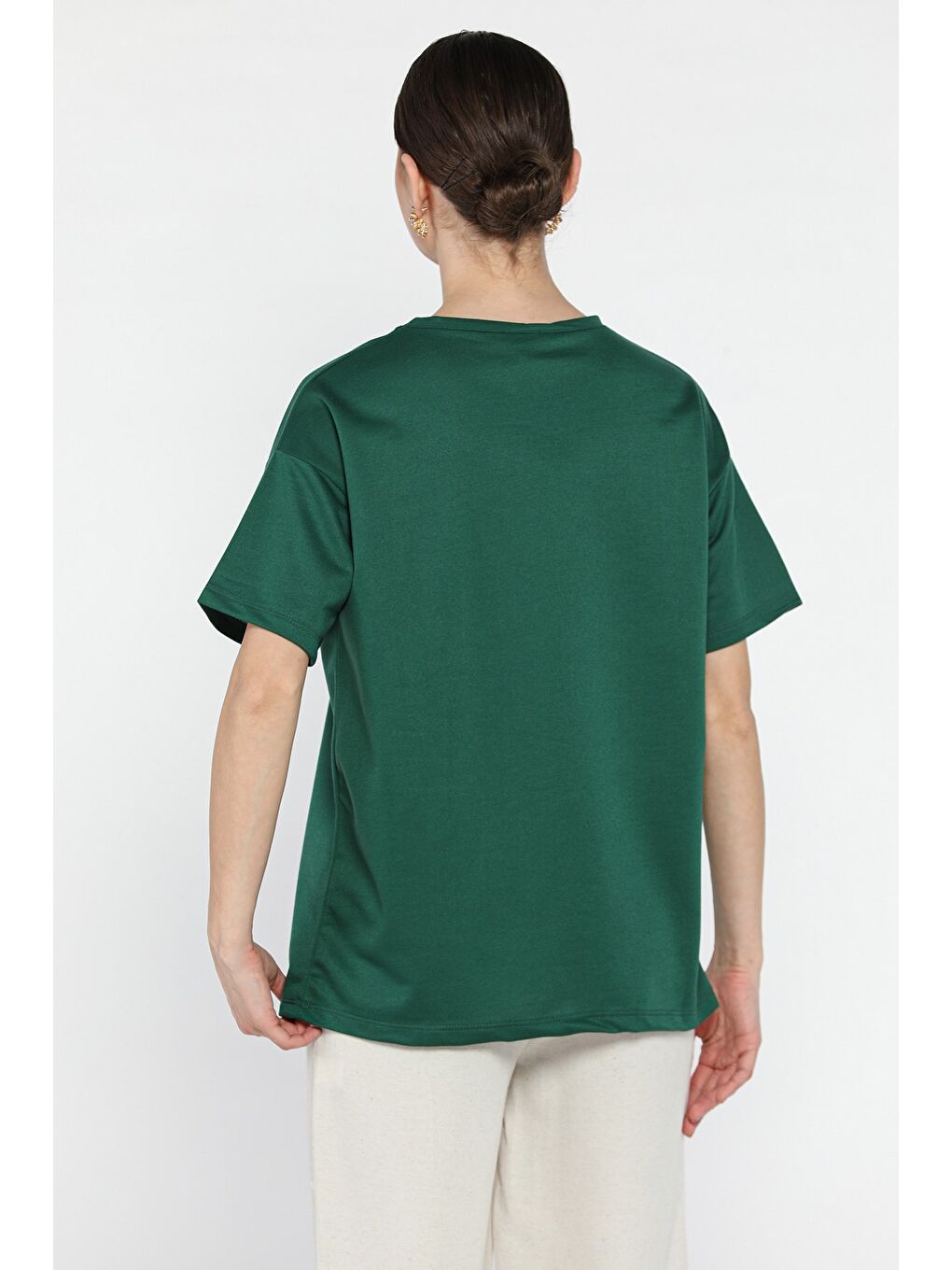 Yeşil Kadın Bisiklet Yaka Basic Tişört-2