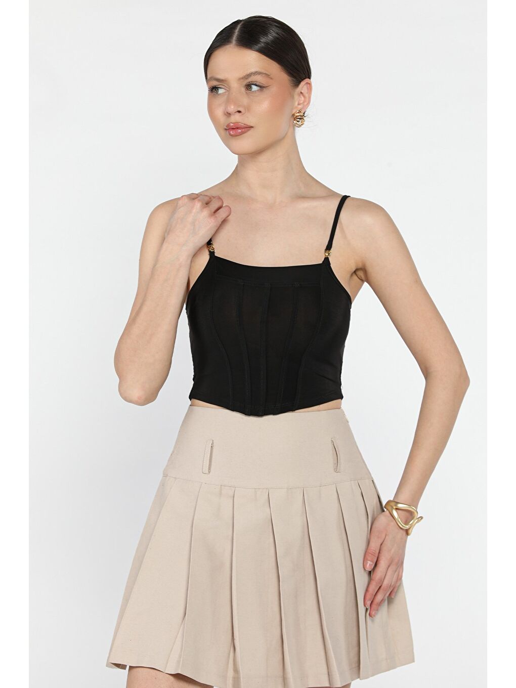 Siyah Kadın Ayarlanabilir Askılı Elastanlı Crop Top Bluz-1